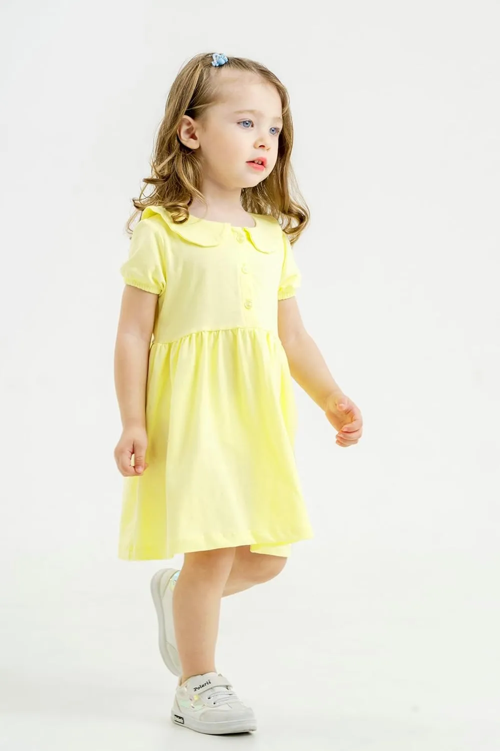 Baby and Toddler Girl Dress Short Sleeve Buttoned Collar for 3 Months to 5T Size Soft Cotton Baby Girl Dress