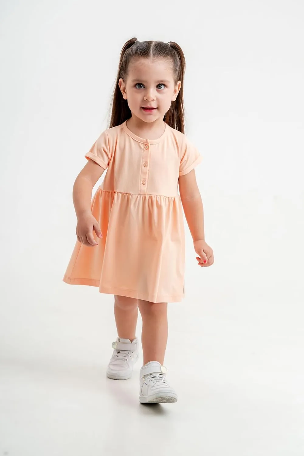 Baby and Toddler Girl Dress Short Sleeve Buttoned Collar for 3 Months to 5T Size Soft Cotton Baby Girl Dress
