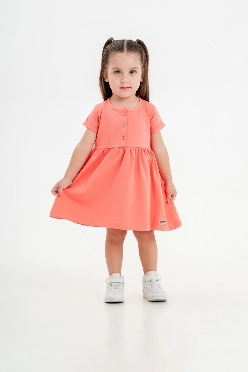 Baby and Toddler Girl Dress Short Sleeve Buttoned Collar for 3 Months to 5T Size Soft Cotton Baby Girl Dress
