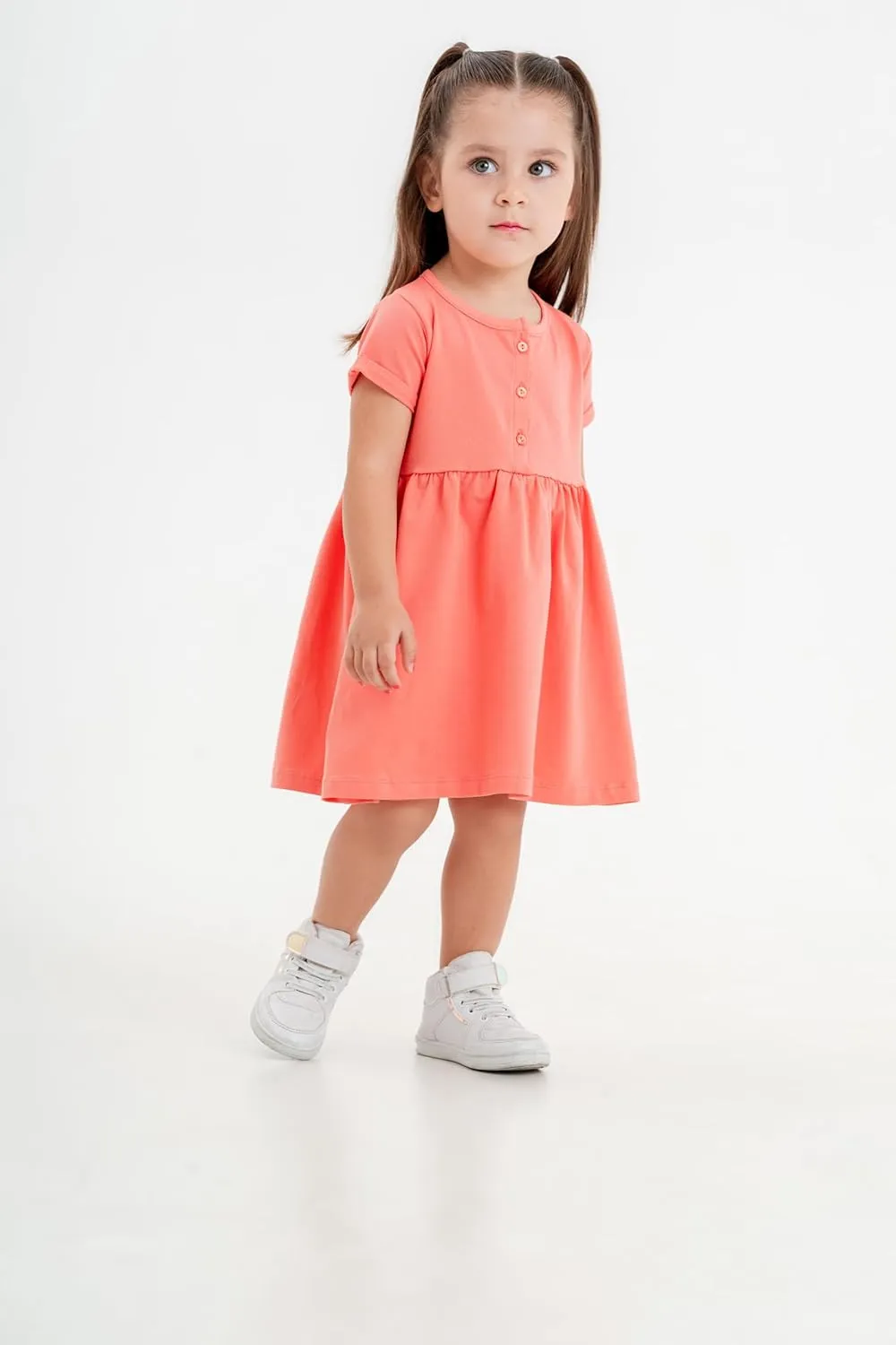 Baby and Toddler Girl Dress Short Sleeve Buttoned Collar for 3 Months to 5T Size Soft Cotton Baby Girl Dress