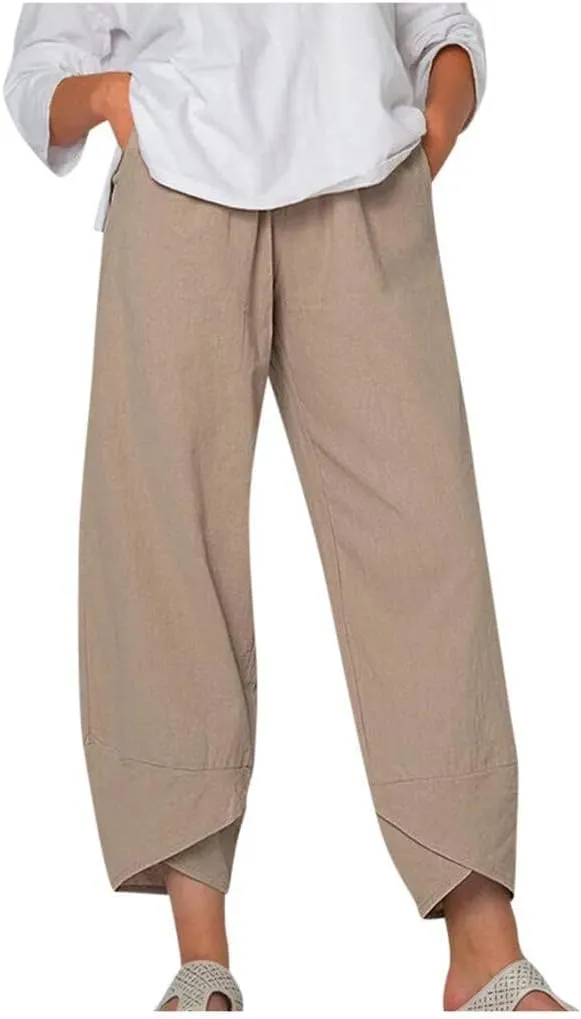 Bengbobar Womens Linen Wide Leg Pants Elastic High Waist Palazzo Pants Business Casual Loose Trousers with Pocket