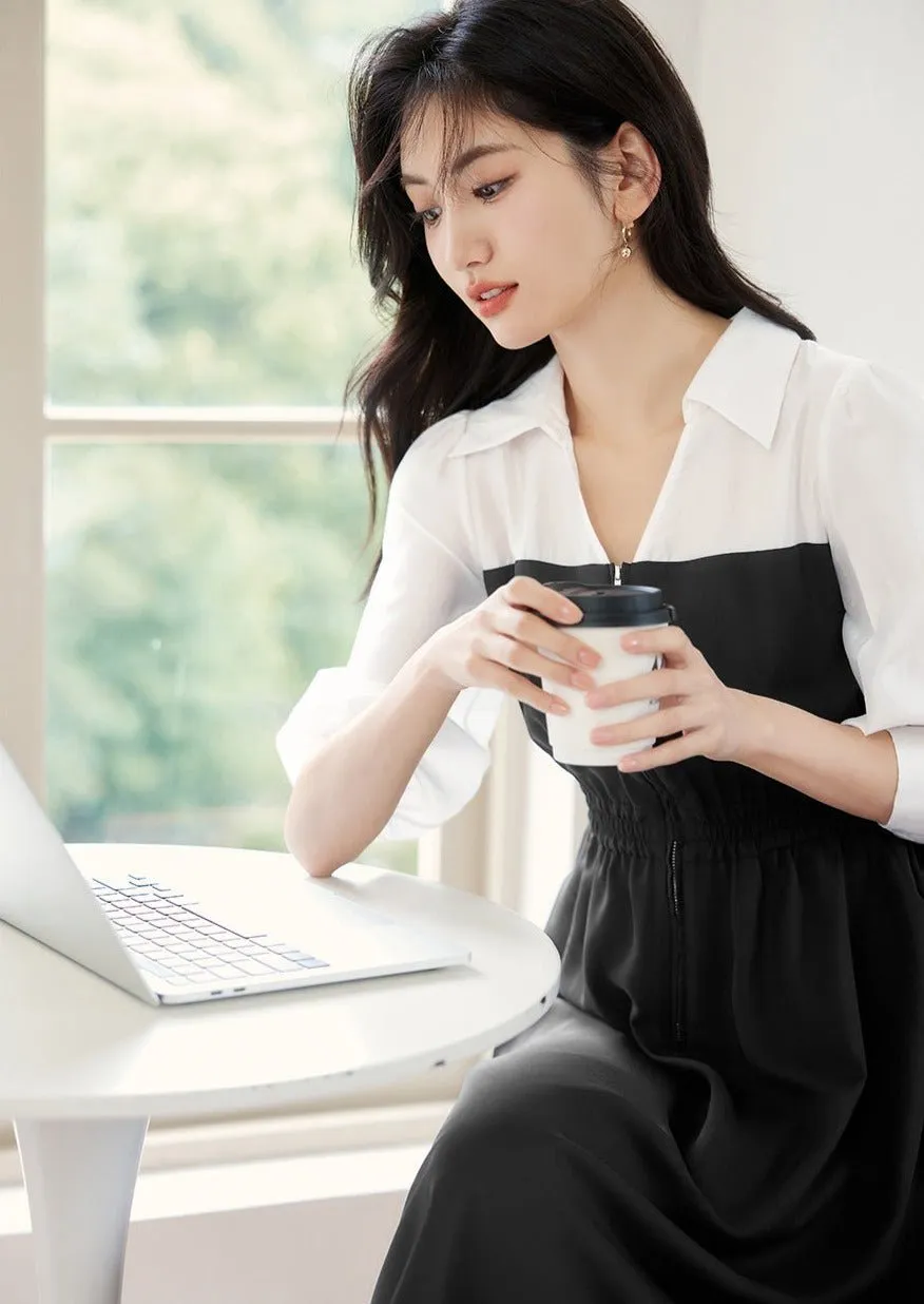 BLACK & WHITE STITCH CONTRAST SHIRT DRESS