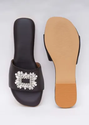 Black Festive Brooch Flats In Soft Faux Leather