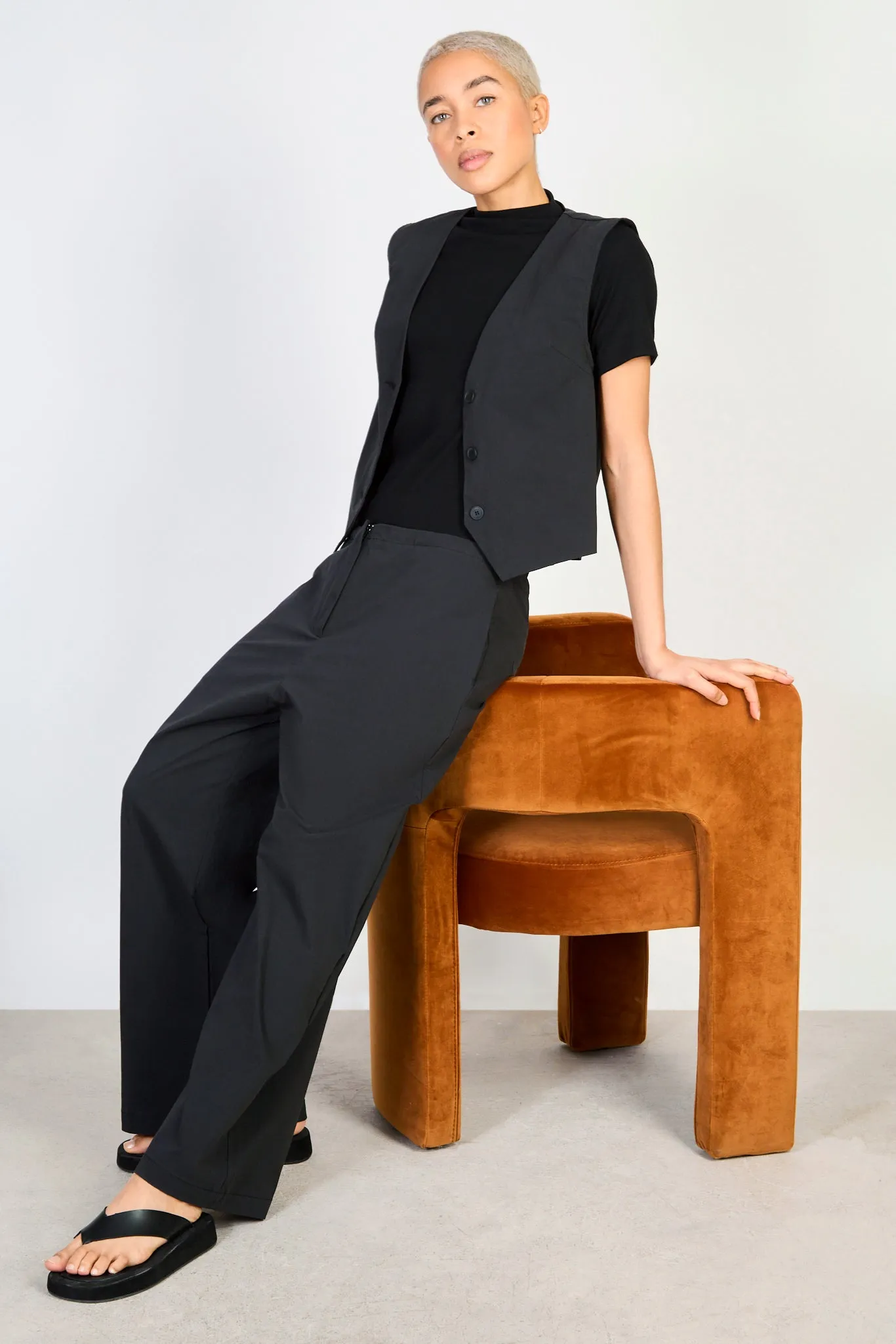 Black tailored tie waist trousers