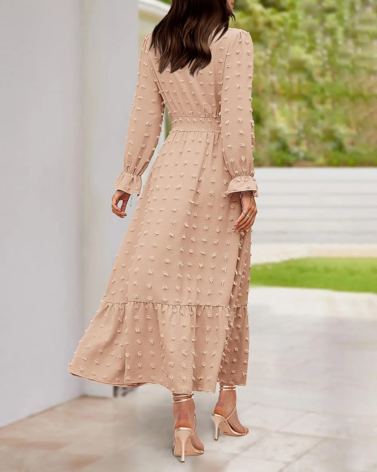 BTFBM Women Spring Dresses 2025 Long Sleeve V Neck Swiss Dots Maxi Dress Boho Long Dress High Waisted A-Line Ruffle Dress
