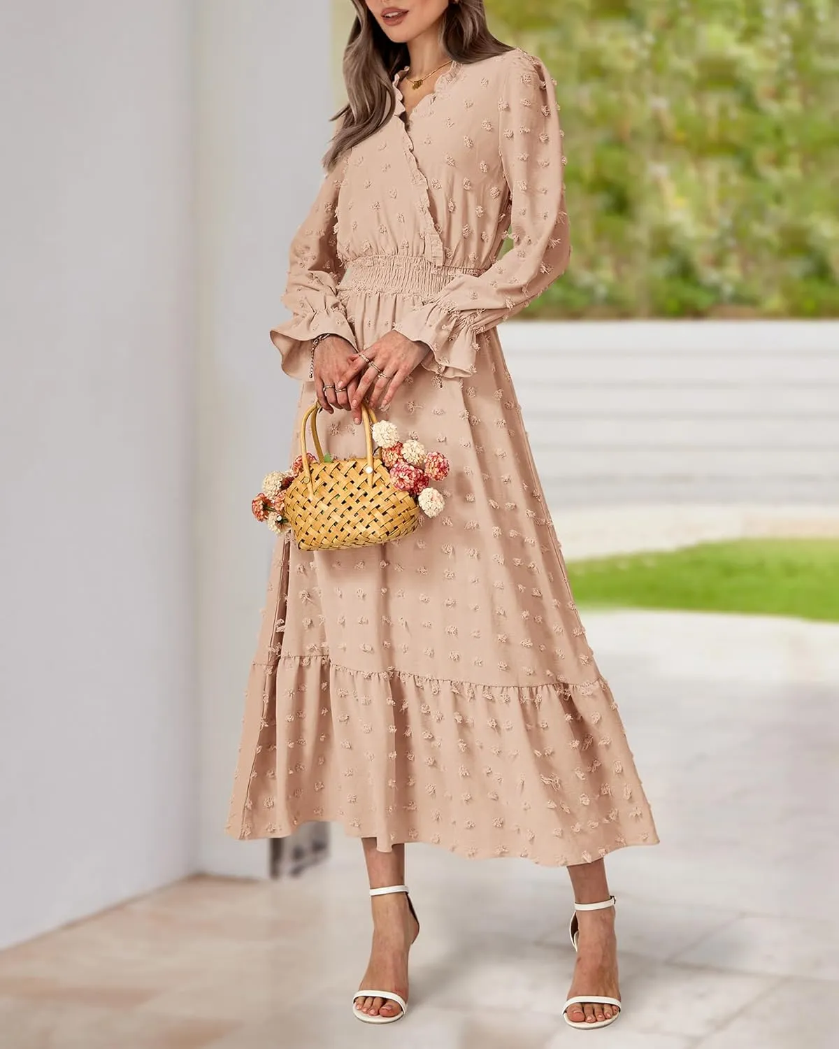 BTFBM Women Spring Dresses 2025 Long Sleeve V Neck Swiss Dots Maxi Dress Boho Long Dress High Waisted A-Line Ruffle Dress