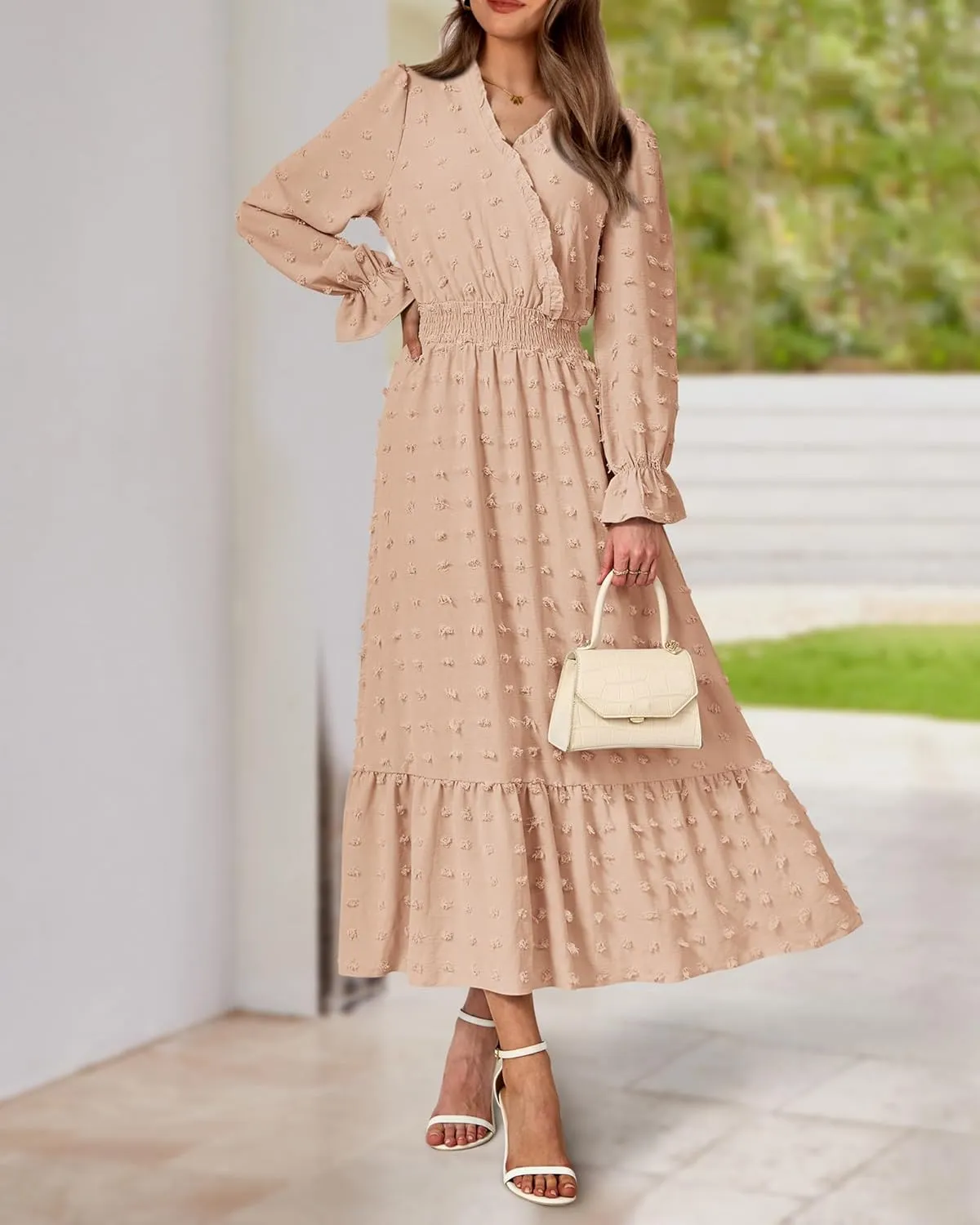 BTFBM Women Spring Dresses 2025 Long Sleeve V Neck Swiss Dots Maxi Dress Boho Long Dress High Waisted A-Line Ruffle Dress