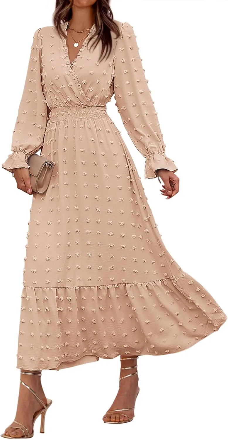 BTFBM Women Spring Dresses 2025 Long Sleeve V Neck Swiss Dots Maxi Dress Boho Long Dress High Waisted A-Line Ruffle Dress