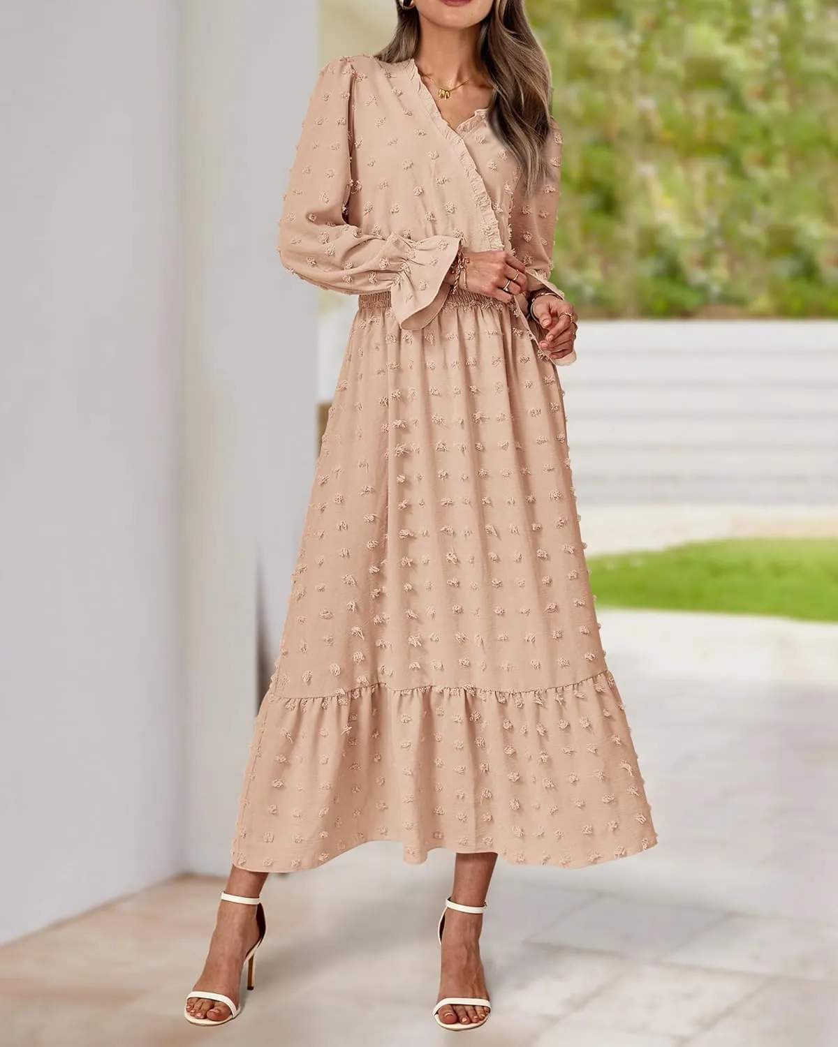 BTFBM Women Spring Dresses 2025 Long Sleeve V Neck Swiss Dots Maxi Dress Boho Long Dress High Waisted A-Line Ruffle Dress