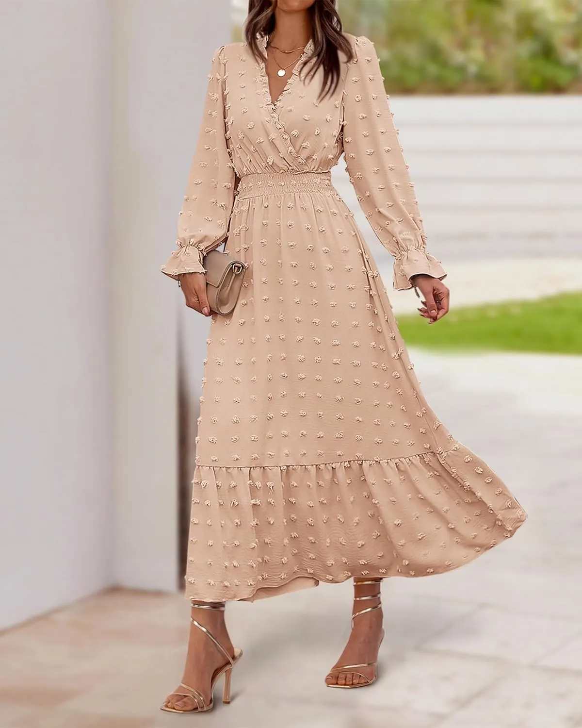 BTFBM Women Spring Dresses 2025 Long Sleeve V Neck Swiss Dots Maxi Dress Boho Long Dress High Waisted A-Line Ruffle Dress