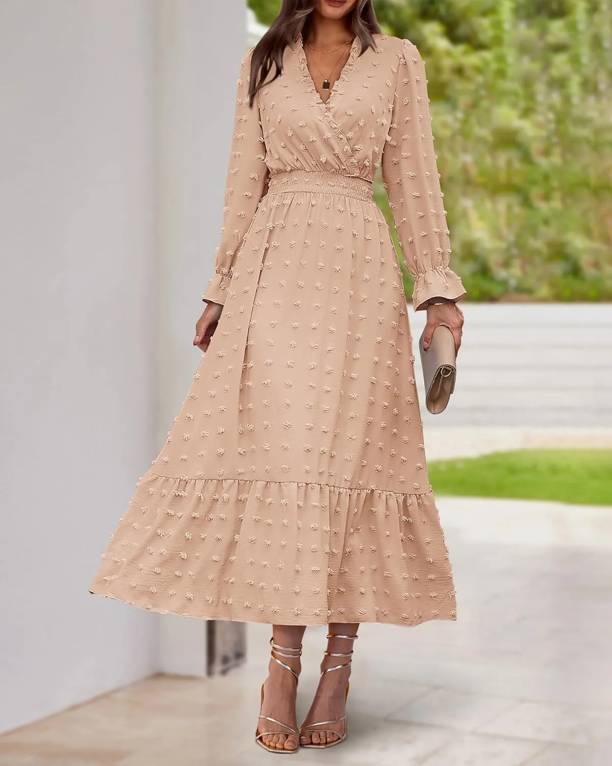 BTFBM Women Spring Dresses 2025 Long Sleeve V Neck Swiss Dots Maxi Dress Boho Long Dress High Waisted A-Line Ruffle Dress