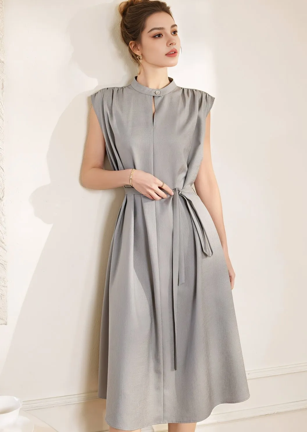 COLLARLESS MIDI DRESS