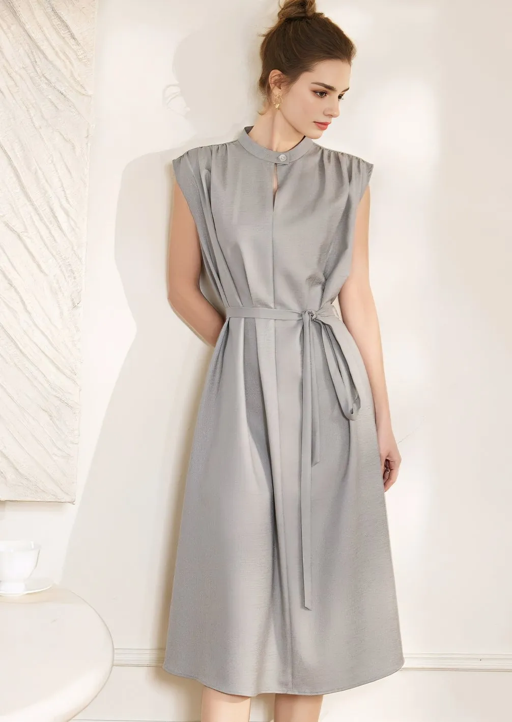 COLLARLESS MIDI DRESS