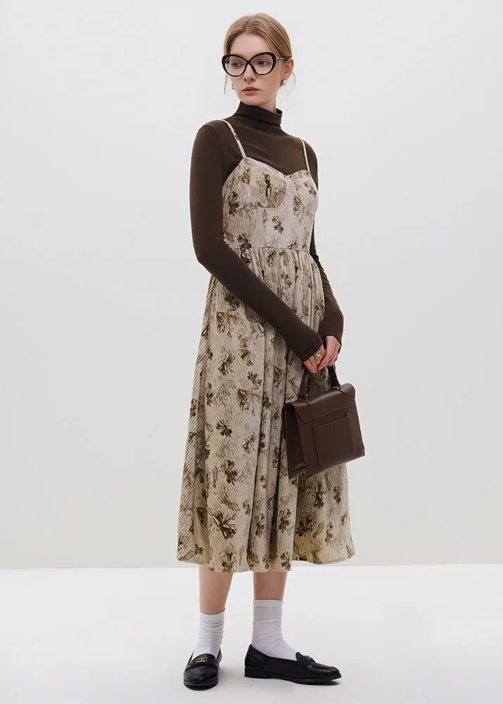 CORDUROY FLORAL SUSPENDER DRESS