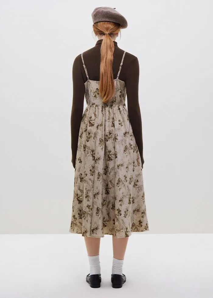CORDUROY FLORAL SUSPENDER DRESS