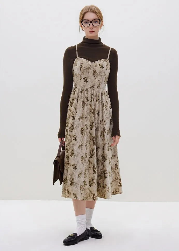 CORDUROY FLORAL SUSPENDER DRESS