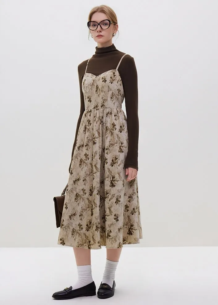 CORDUROY FLORAL SUSPENDER DRESS