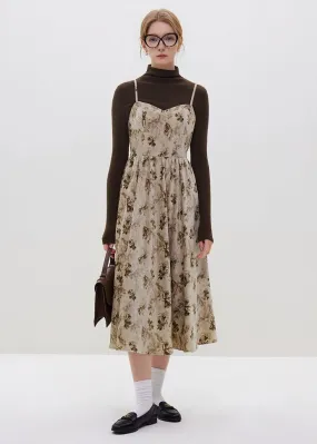 CORDUROY FLORAL SUSPENDER DRESS