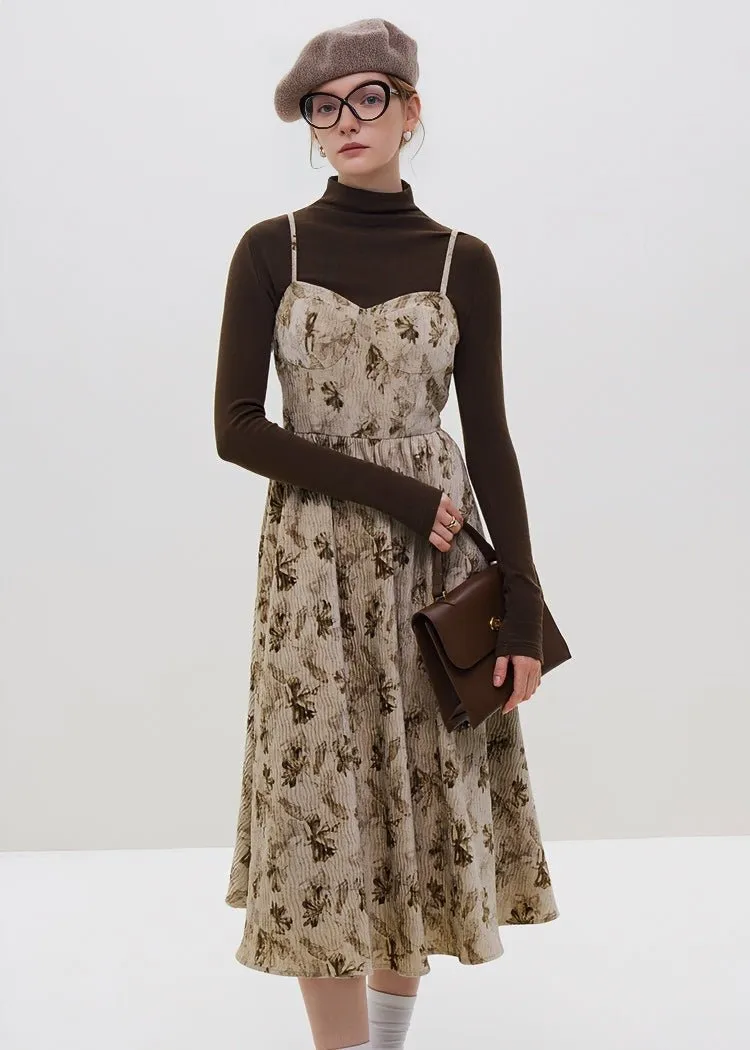 CORDUROY FLORAL SUSPENDER DRESS