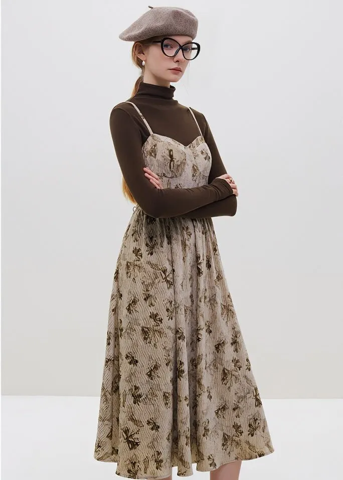 CORDUROY FLORAL SUSPENDER DRESS
