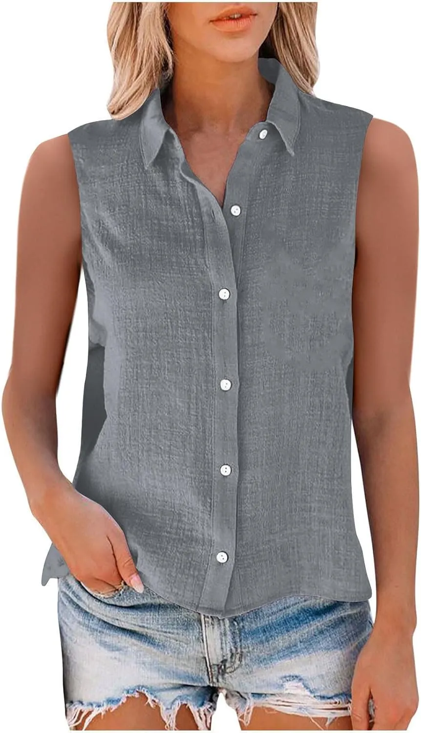 Cotton Gauze Tank Shirts for Women Sleeveless Collared Top Oversized Button Down Office Blouse Casual Summer Shirt