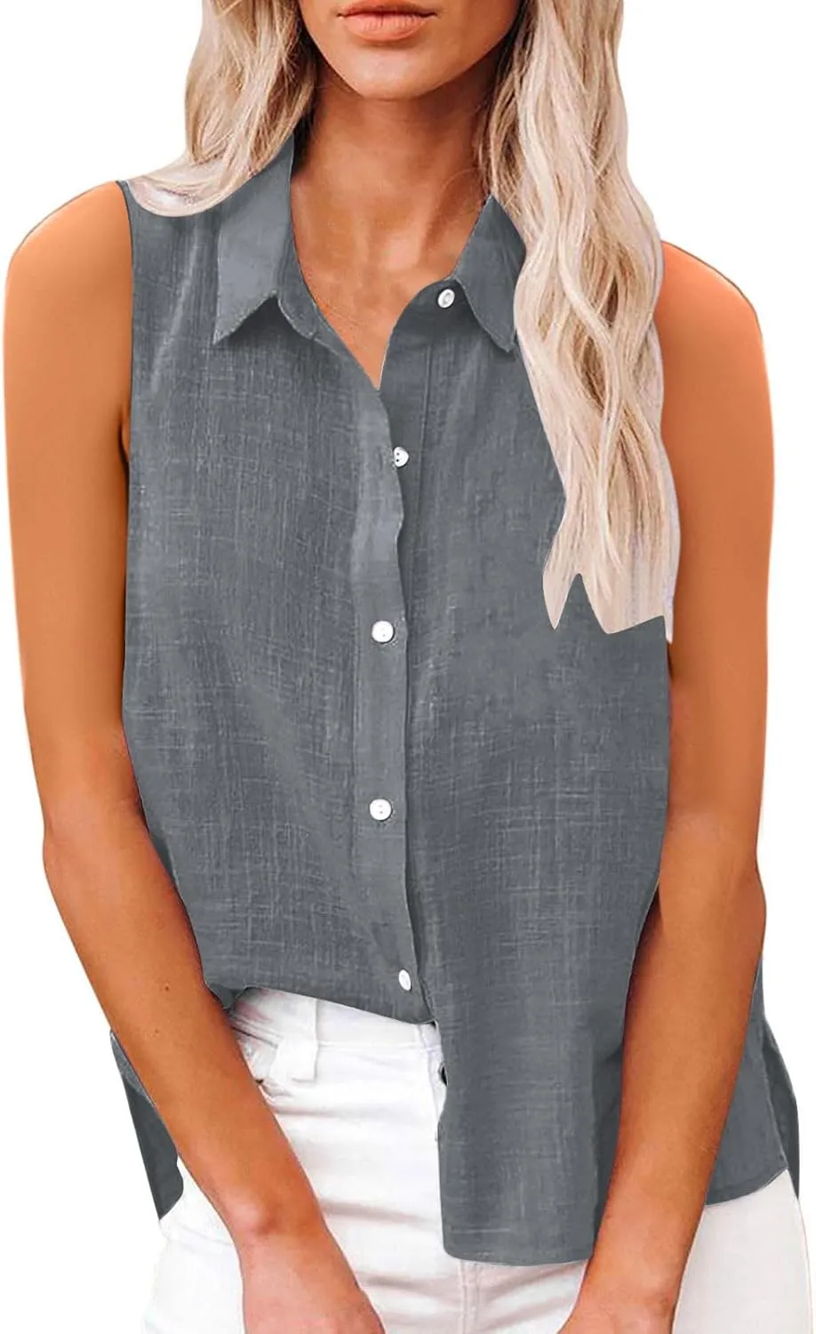 Cotton Gauze Tank Shirts for Women Sleeveless Collared Top Oversized Button Down Office Blouse Casual Summer Shirt