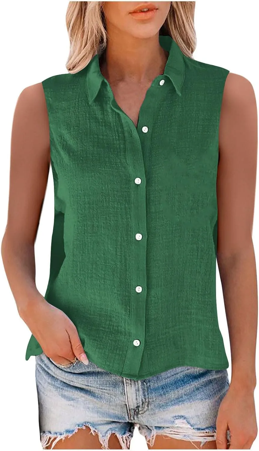 Cotton Gauze Tank Shirts for Women Sleeveless Collared Top Oversized Button Down Office Blouse Casual Summer Shirt