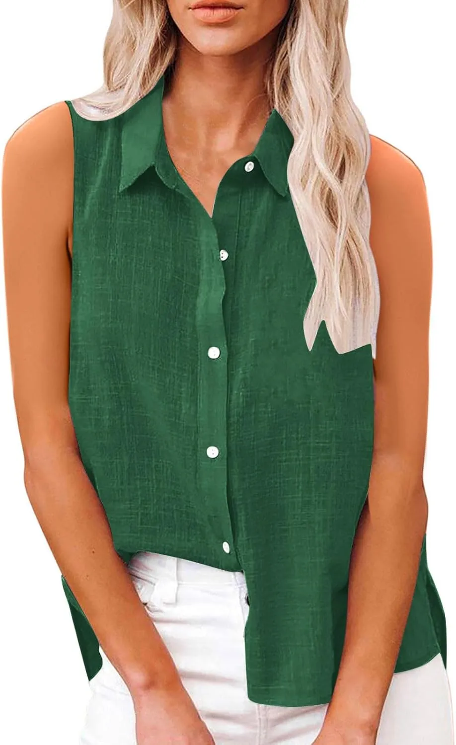 Cotton Gauze Tank Shirts for Women Sleeveless Collared Top Oversized Button Down Office Blouse Casual Summer Shirt