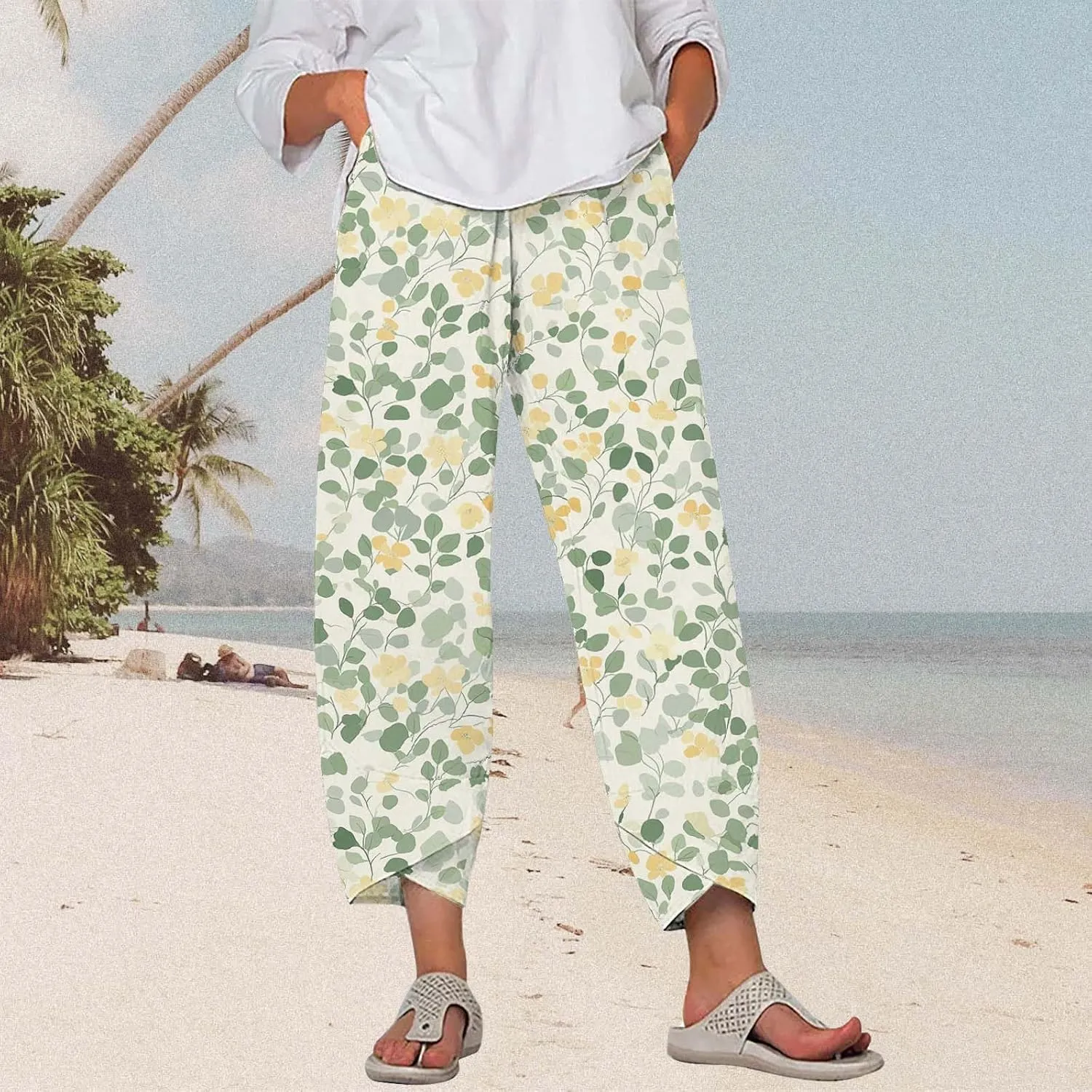 Cotton Linen Pants for Women 2025 Summer Capri Print Wide Leg Pants Palazzo Cropped Comfy Trousers with Pockets