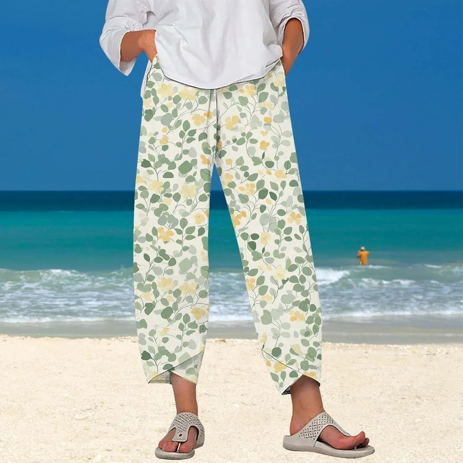 Cotton Linen Pants for Women 2025 Summer Capri Print Wide Leg Pants Palazzo Cropped Comfy Trousers with Pockets