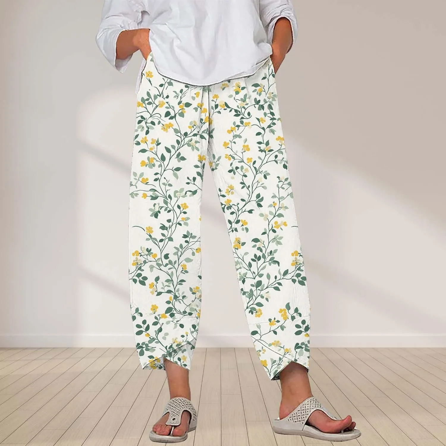 Cotton Linen Pants for Women 2025 Summer Capri Print Wide Leg Pants Palazzo Cropped Comfy Trousers with Pockets