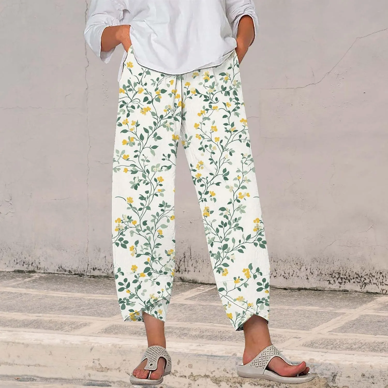 Cotton Linen Pants for Women 2025 Summer Capri Print Wide Leg Pants Palazzo Cropped Comfy Trousers with Pockets