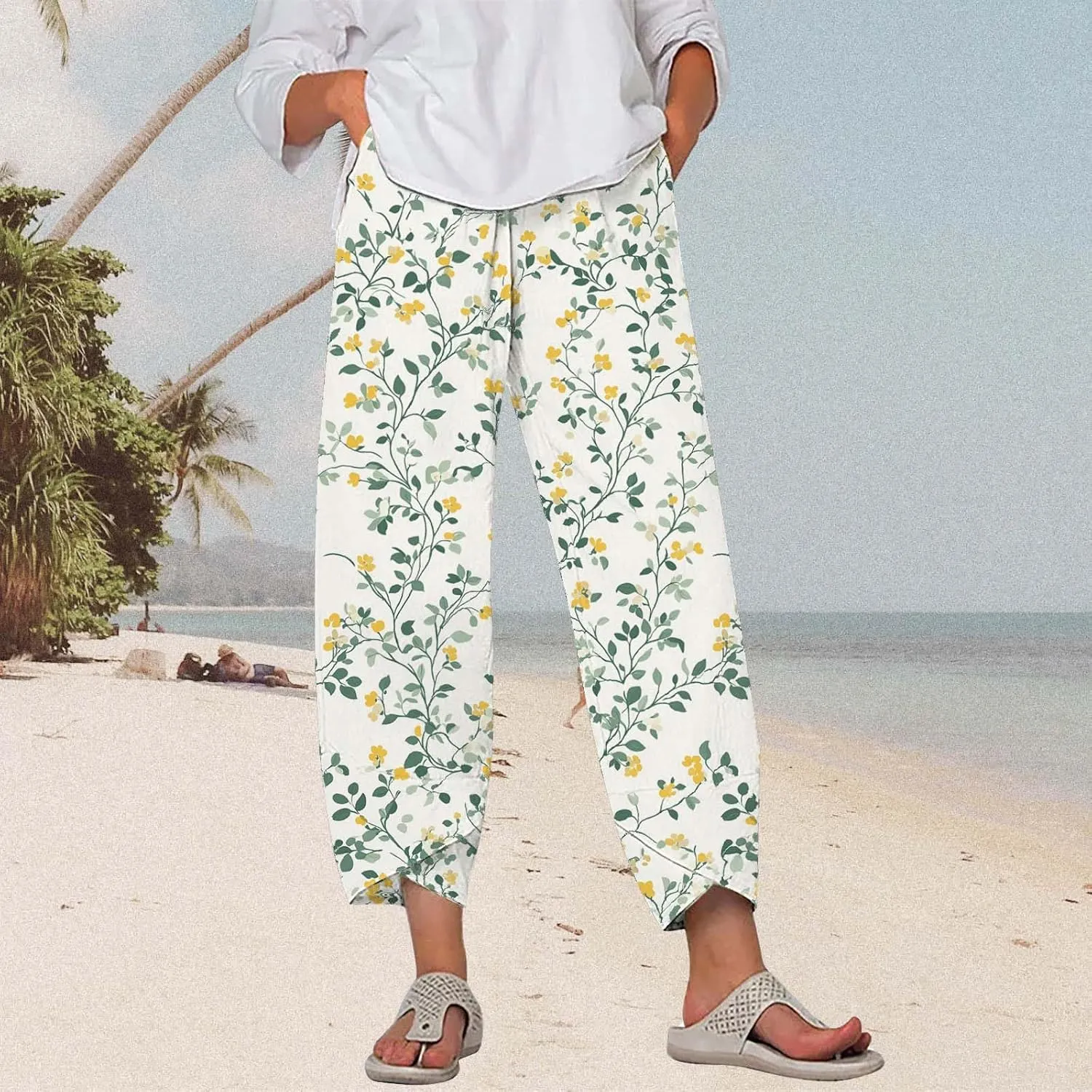 Cotton Linen Pants for Women 2025 Summer Capri Print Wide Leg Pants Palazzo Cropped Comfy Trousers with Pockets