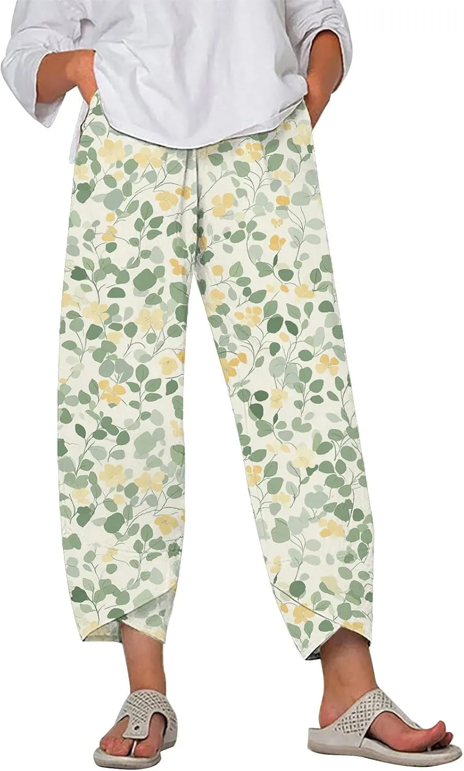 Cotton Linen Pants for Women 2025 Summer Capri Print Wide Leg Pants Palazzo Cropped Comfy Trousers with Pockets
