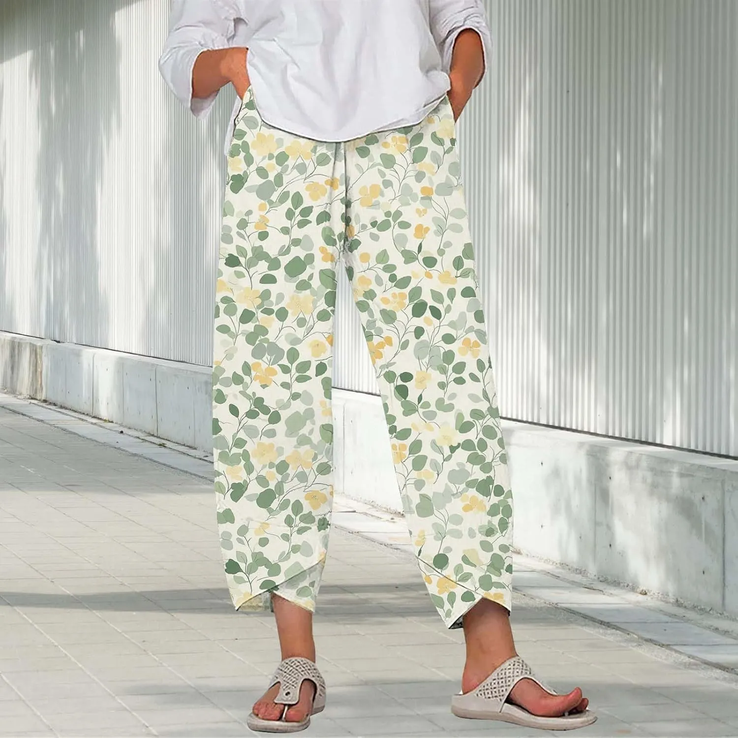 Cotton Linen Pants for Women 2025 Summer Capri Print Wide Leg Pants Palazzo Cropped Comfy Trousers with Pockets
