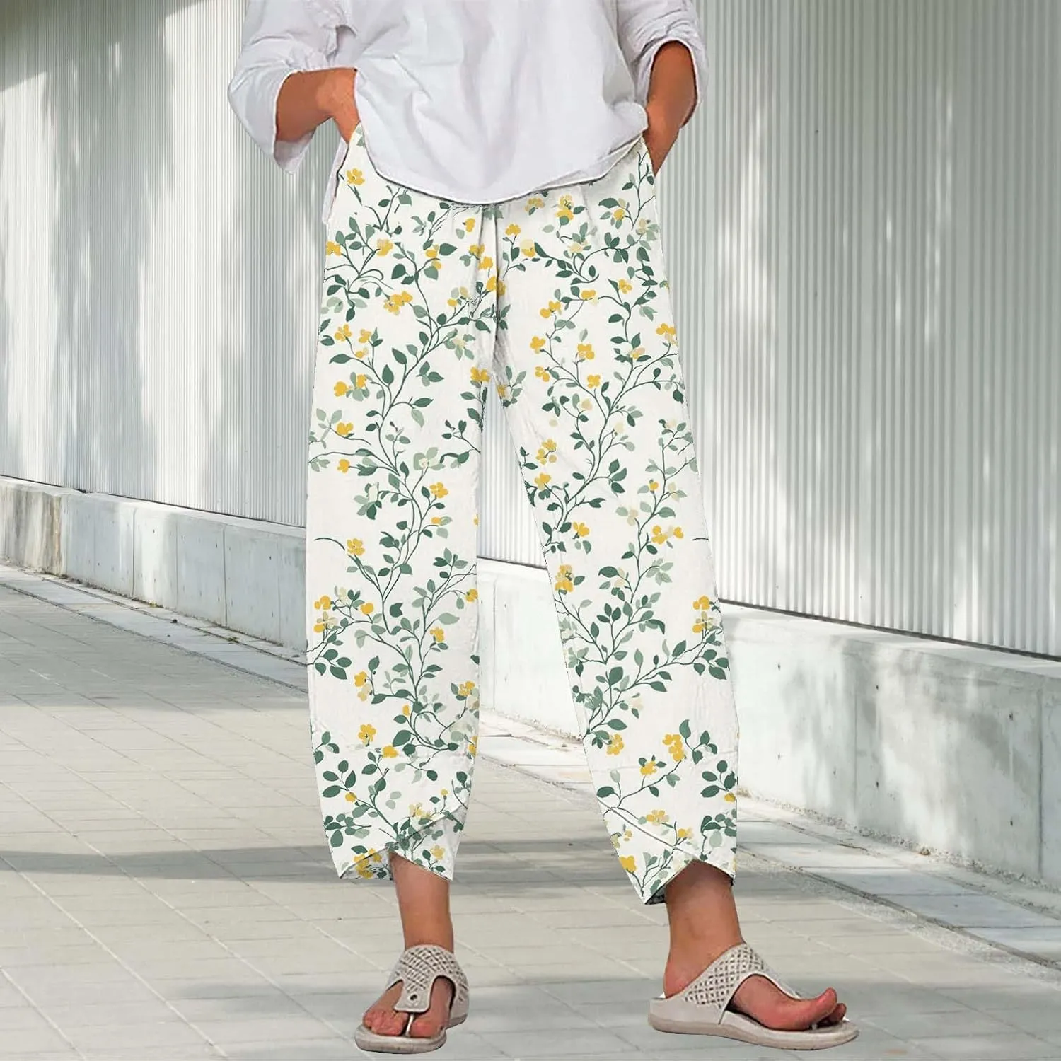 Cotton Linen Pants for Women 2025 Summer Capri Print Wide Leg Pants Palazzo Cropped Comfy Trousers with Pockets