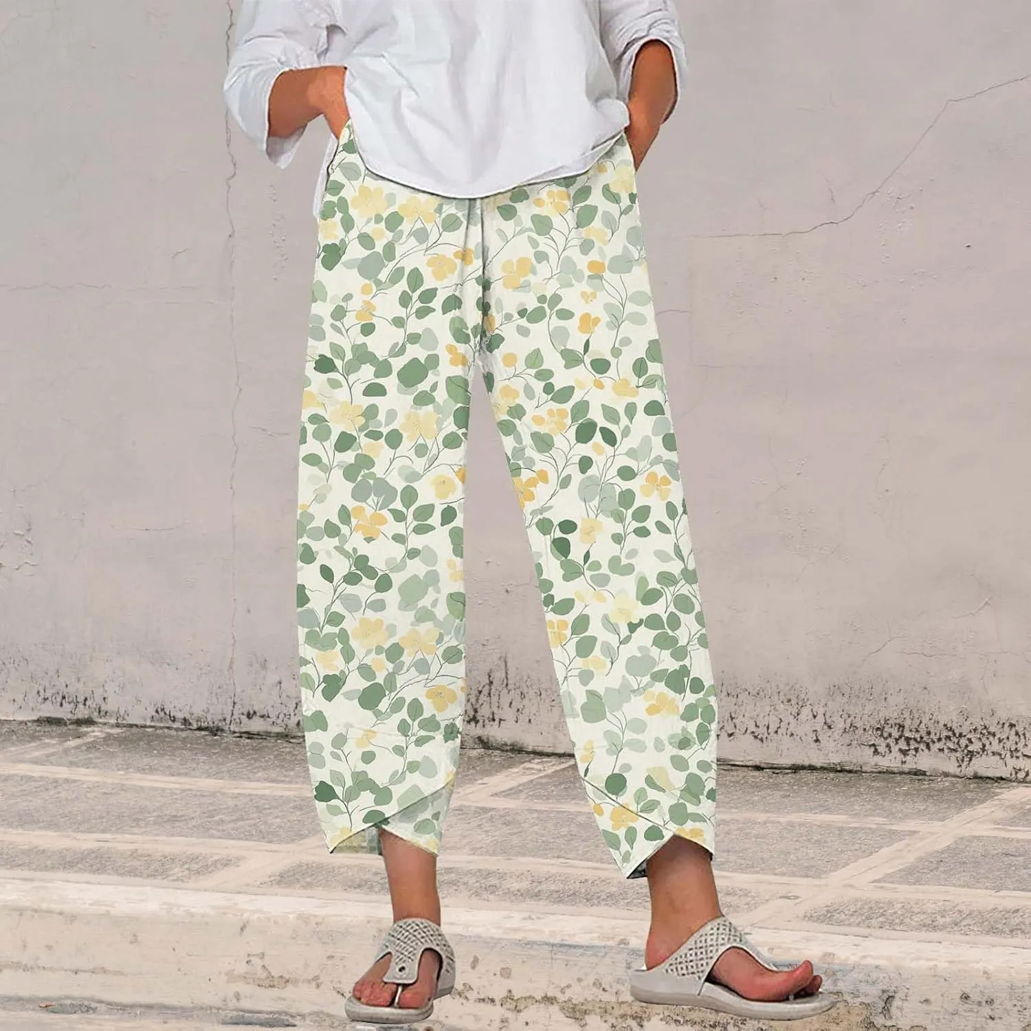 Cotton Linen Pants for Women 2025 Summer Capri Print Wide Leg Pants Palazzo Cropped Comfy Trousers with Pockets