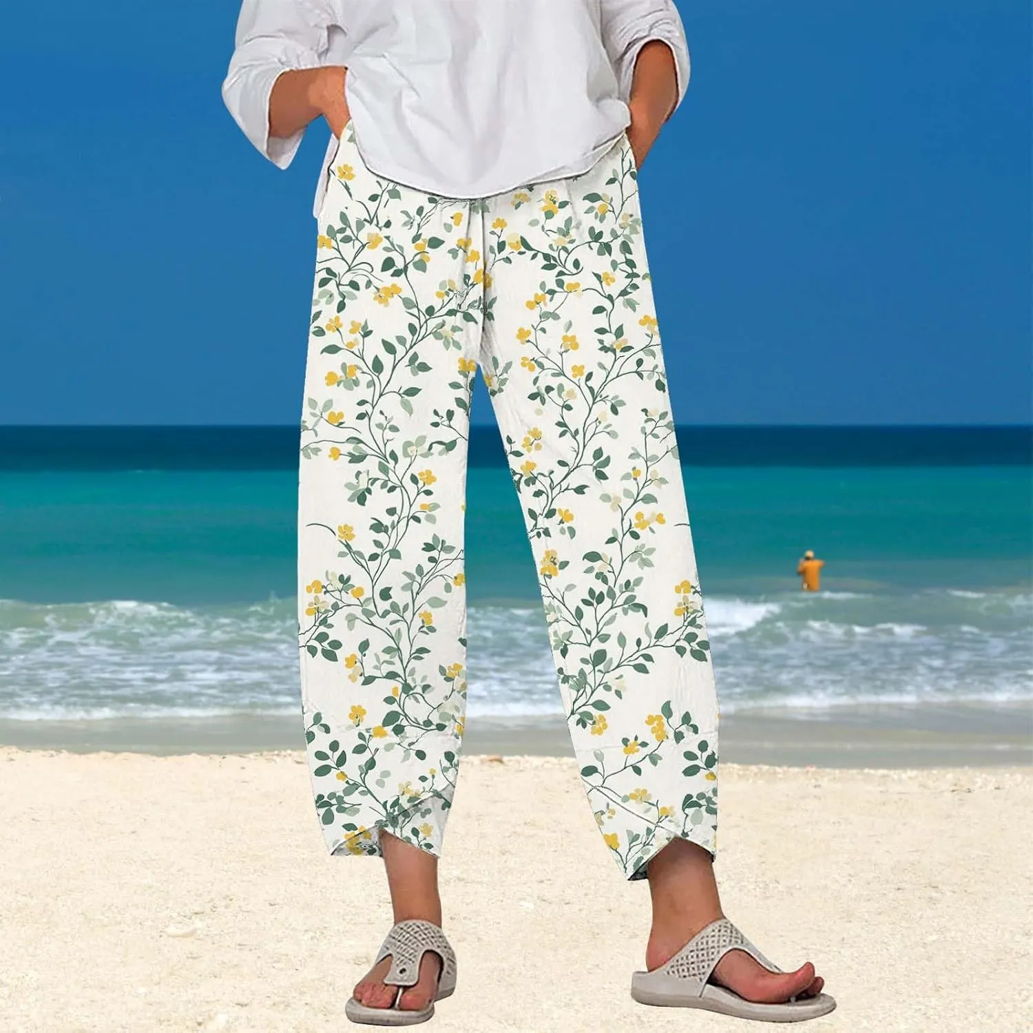 Cotton Linen Pants for Women 2025 Summer Capri Print Wide Leg Pants Palazzo Cropped Comfy Trousers with Pockets