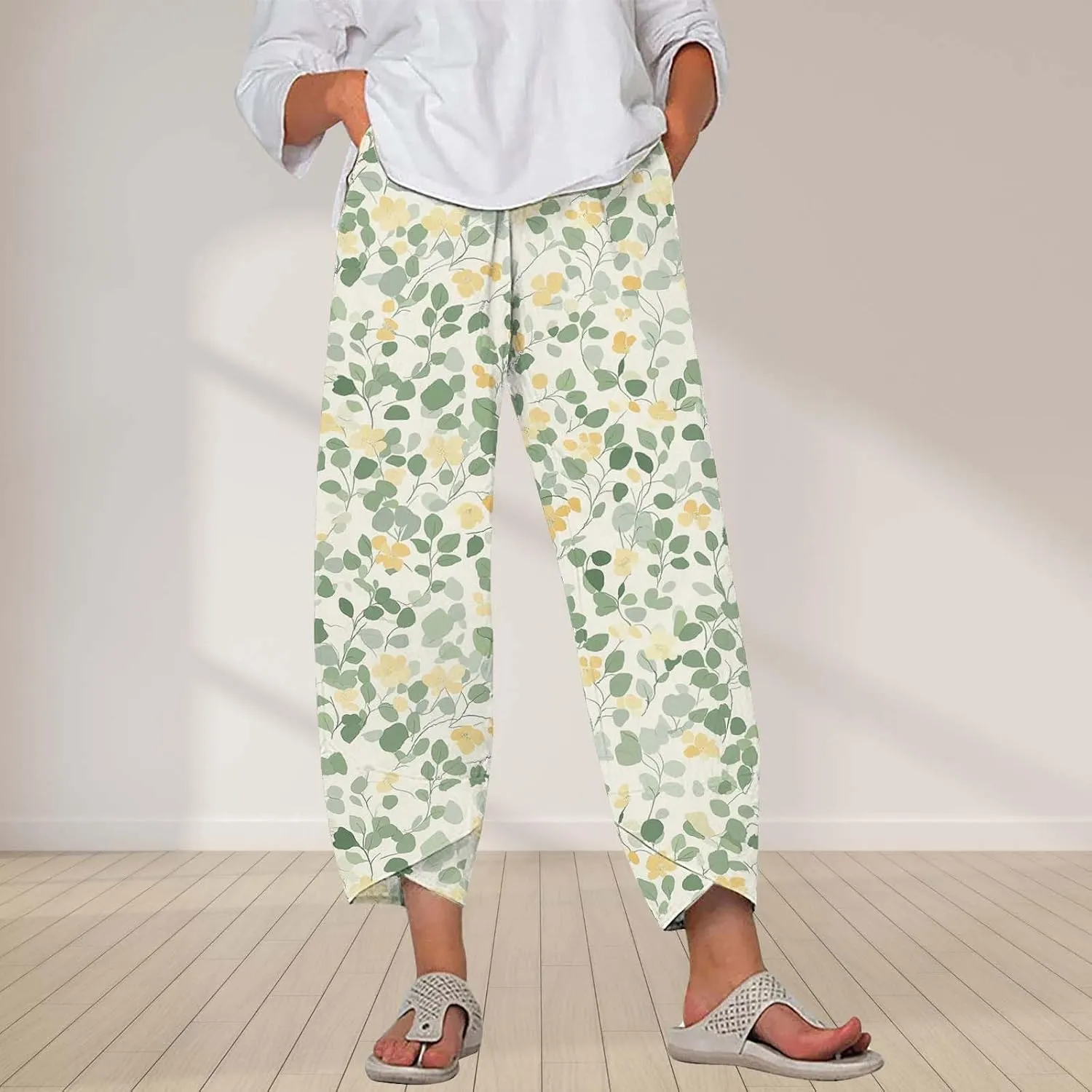 Cotton Linen Pants for Women 2025 Summer Capri Print Wide Leg Pants Palazzo Cropped Comfy Trousers with Pockets