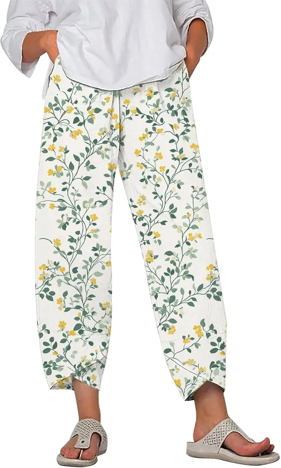 Cotton Linen Pants for Women 2025 Summer Capri Print Wide Leg Pants Palazzo Cropped Comfy Trousers with Pockets