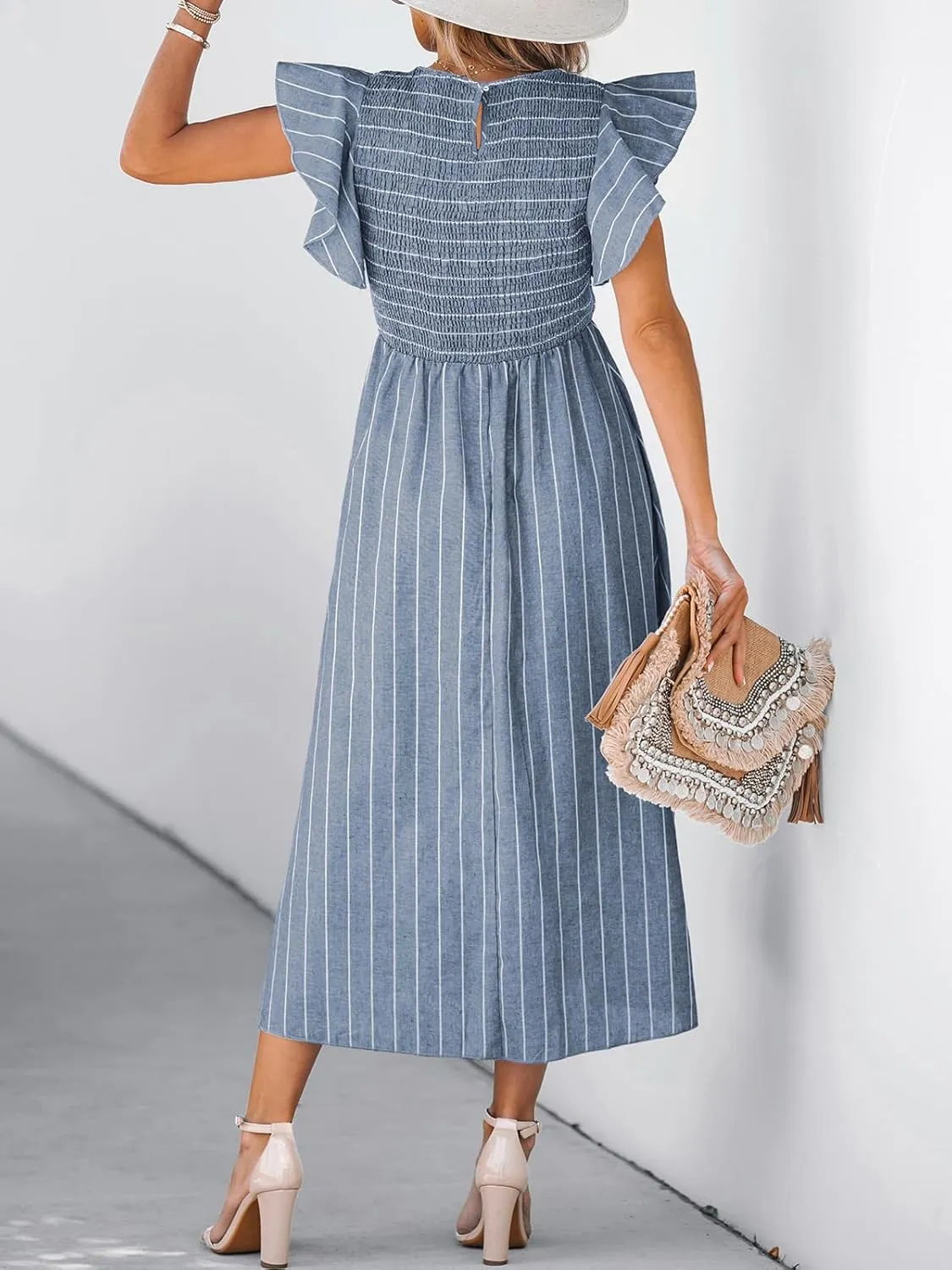 CUPSHE Women's Summer Dress Square Neck Striped Smocked Dress Ruffled Cap Sleeves Dress A Line Maxi Formal Dress