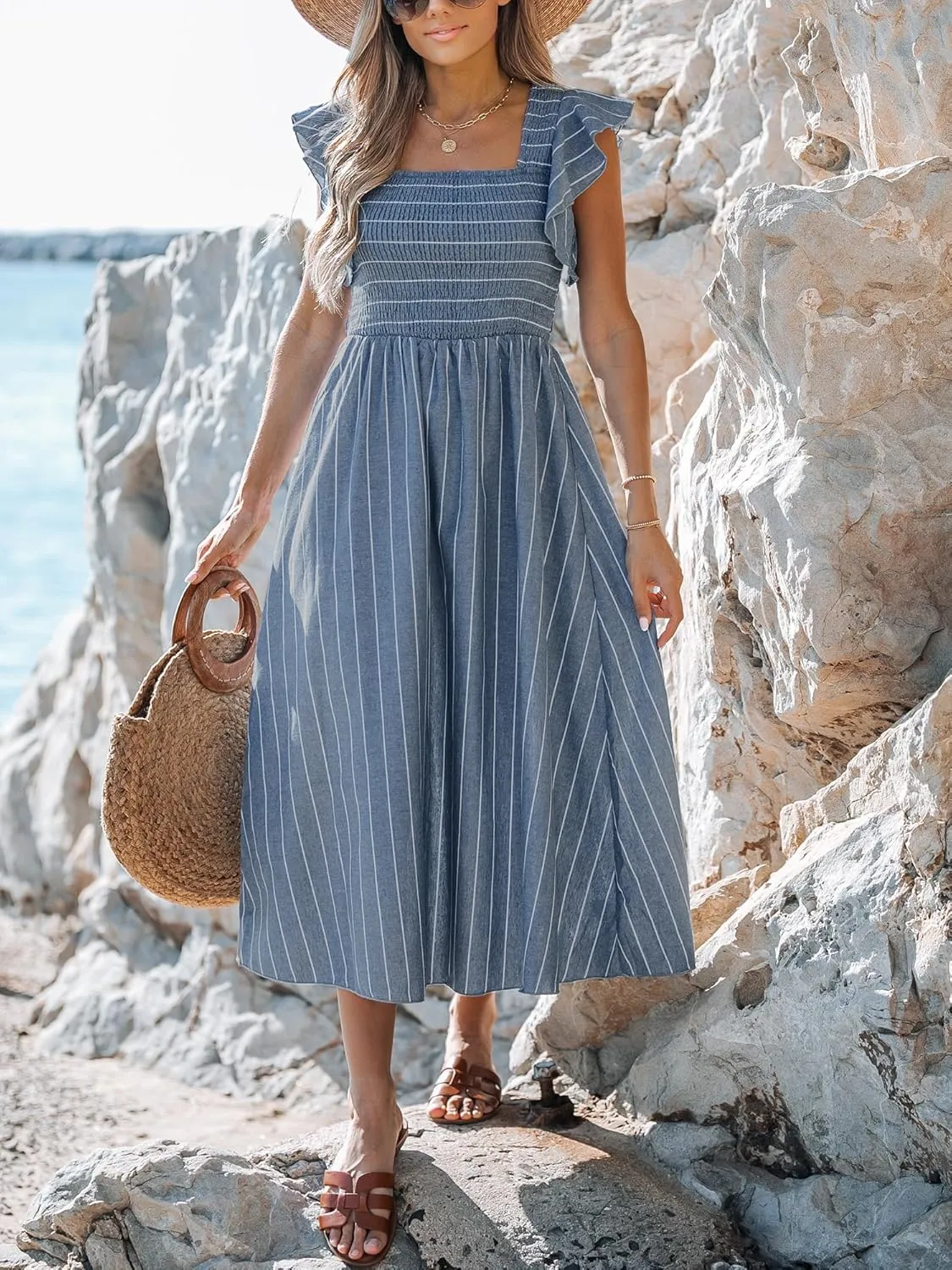 CUPSHE Women's Summer Dress Square Neck Striped Smocked Dress Ruffled Cap Sleeves Dress A Line Maxi Formal Dress