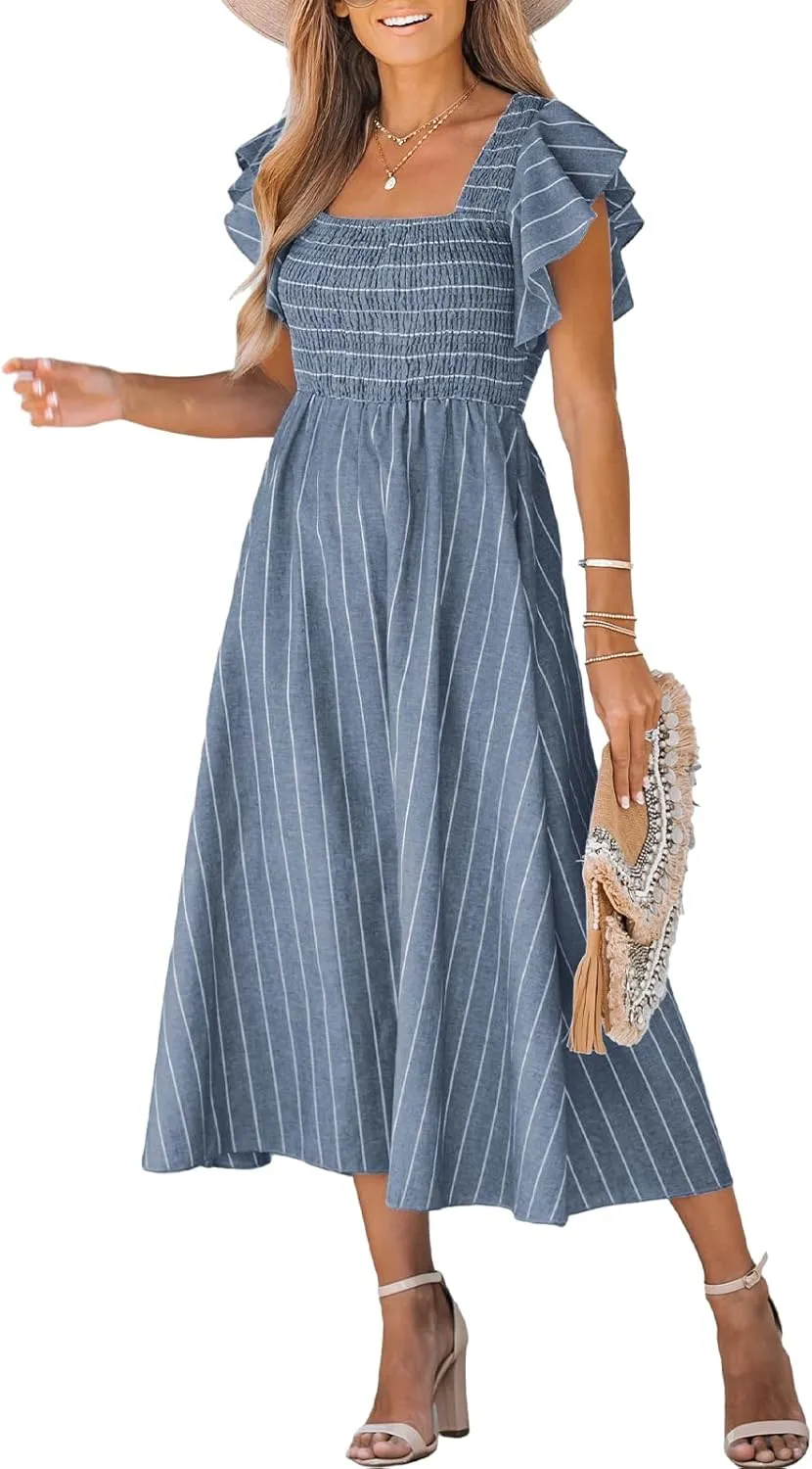 CUPSHE Women's Summer Dress Square Neck Striped Smocked Dress Ruffled Cap Sleeves Dress A Line Maxi Formal Dress
