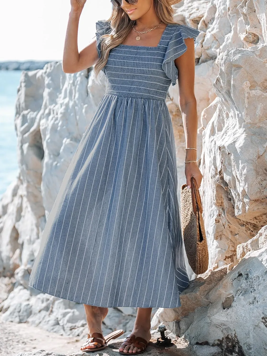 CUPSHE Women's Summer Dress Square Neck Striped Smocked Dress Ruffled Cap Sleeves Dress A Line Maxi Formal Dress