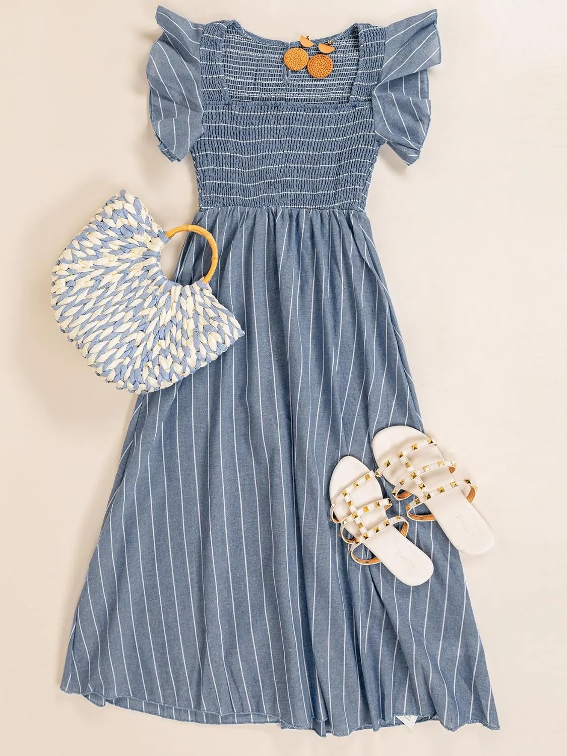 CUPSHE Women's Summer Dress Square Neck Striped Smocked Dress Ruffled Cap Sleeves Dress A Line Maxi Formal Dress