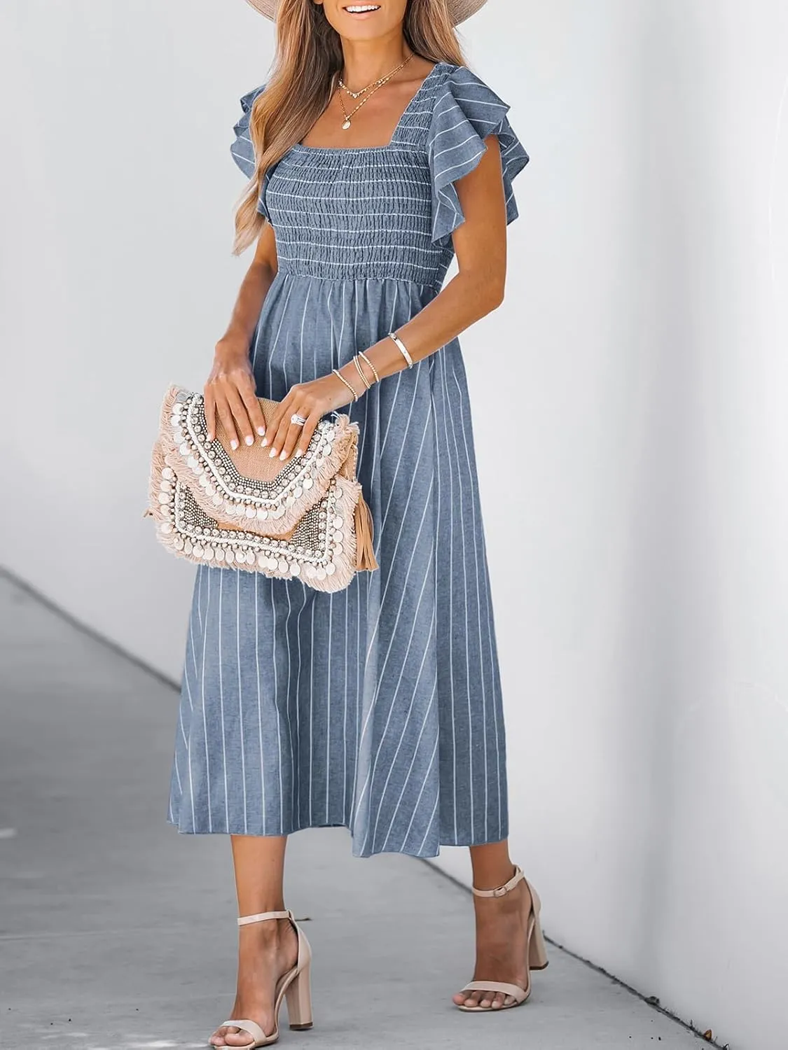 CUPSHE Women's Summer Dress Square Neck Striped Smocked Dress Ruffled Cap Sleeves Dress A Line Maxi Formal Dress