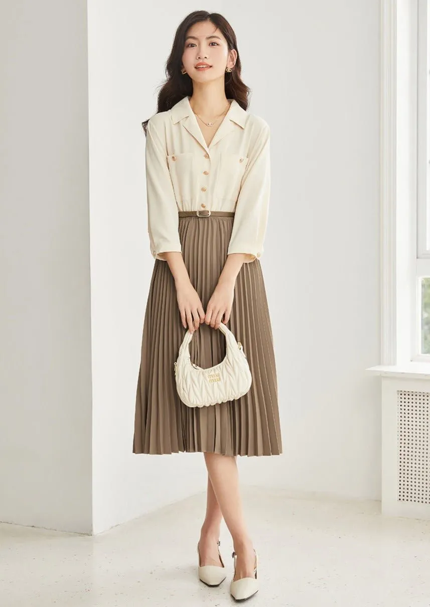 ELEGANT STITCH PLEATED BELT DRESS