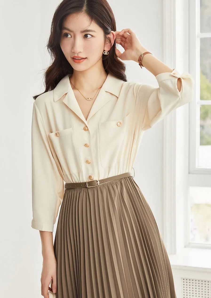 ELEGANT STITCH PLEATED BELT DRESS