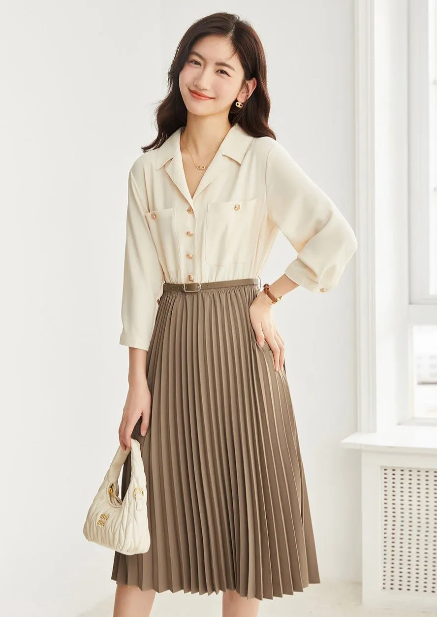 ELEGANT STITCH PLEATED BELT DRESS