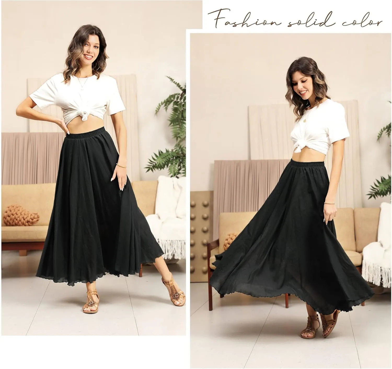 Ezcosplay Women Boho Maxi A Line Skirt Elastic Waist Summer Bohemian Flowy Long Beach Swing Skirts